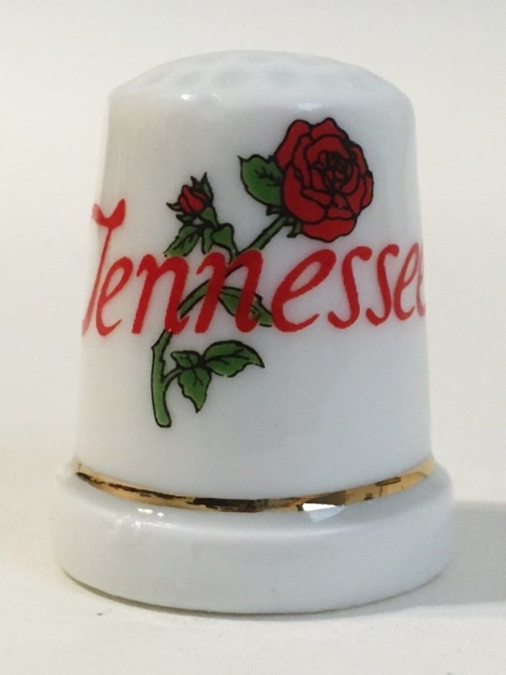 Tennessee State Thimble Red Rose Flower Gold Trim Porcelain Collectible Souvenir